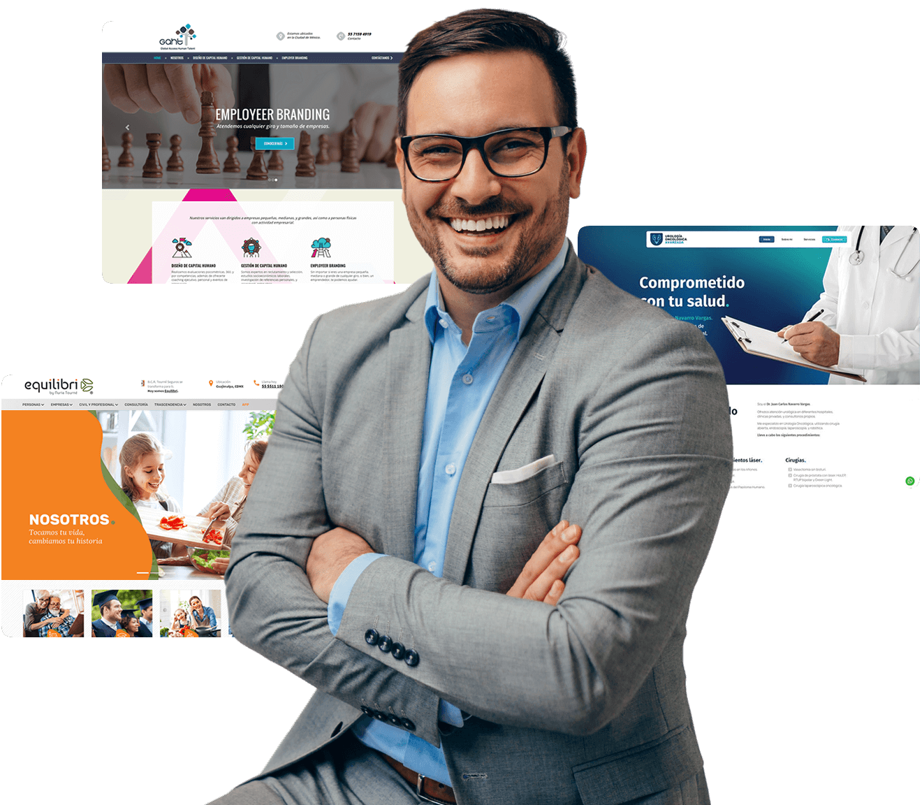 Hombre sonriendo con muestras de páginas web realizadas por nosotros